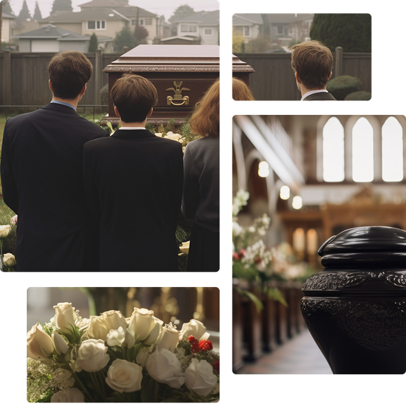 A collage of photos shows people standing in front of a coffin