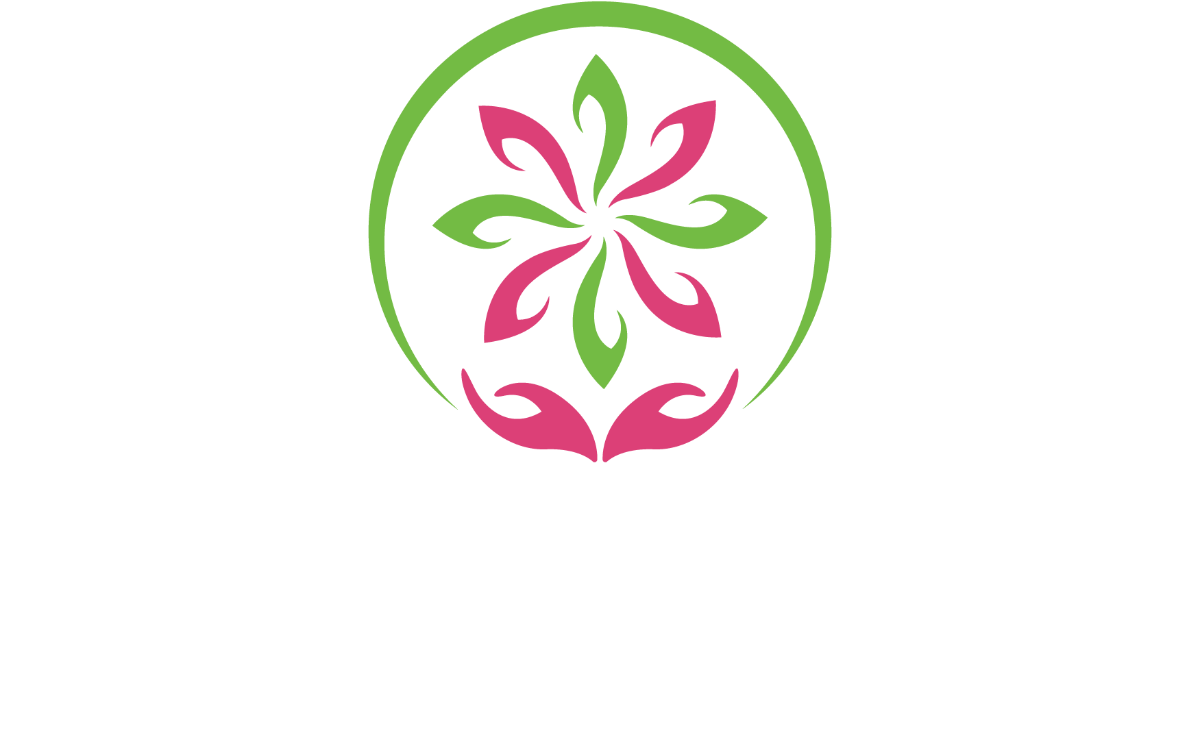 A pink and green flower is in a green circle with hands.