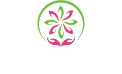 A pink and green flower is in a green circle with hands.