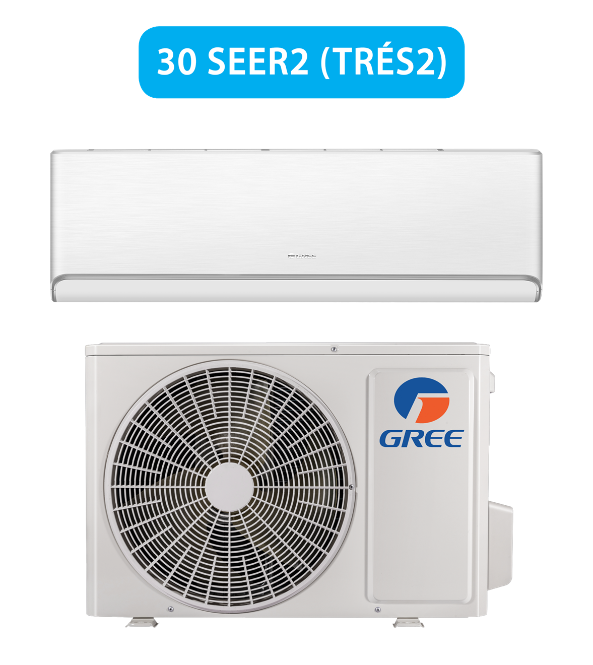 Un climatiseur mini-split blanc de marque Gree et son compresseur extérieur, portant l'étiquette 30 SEER2.