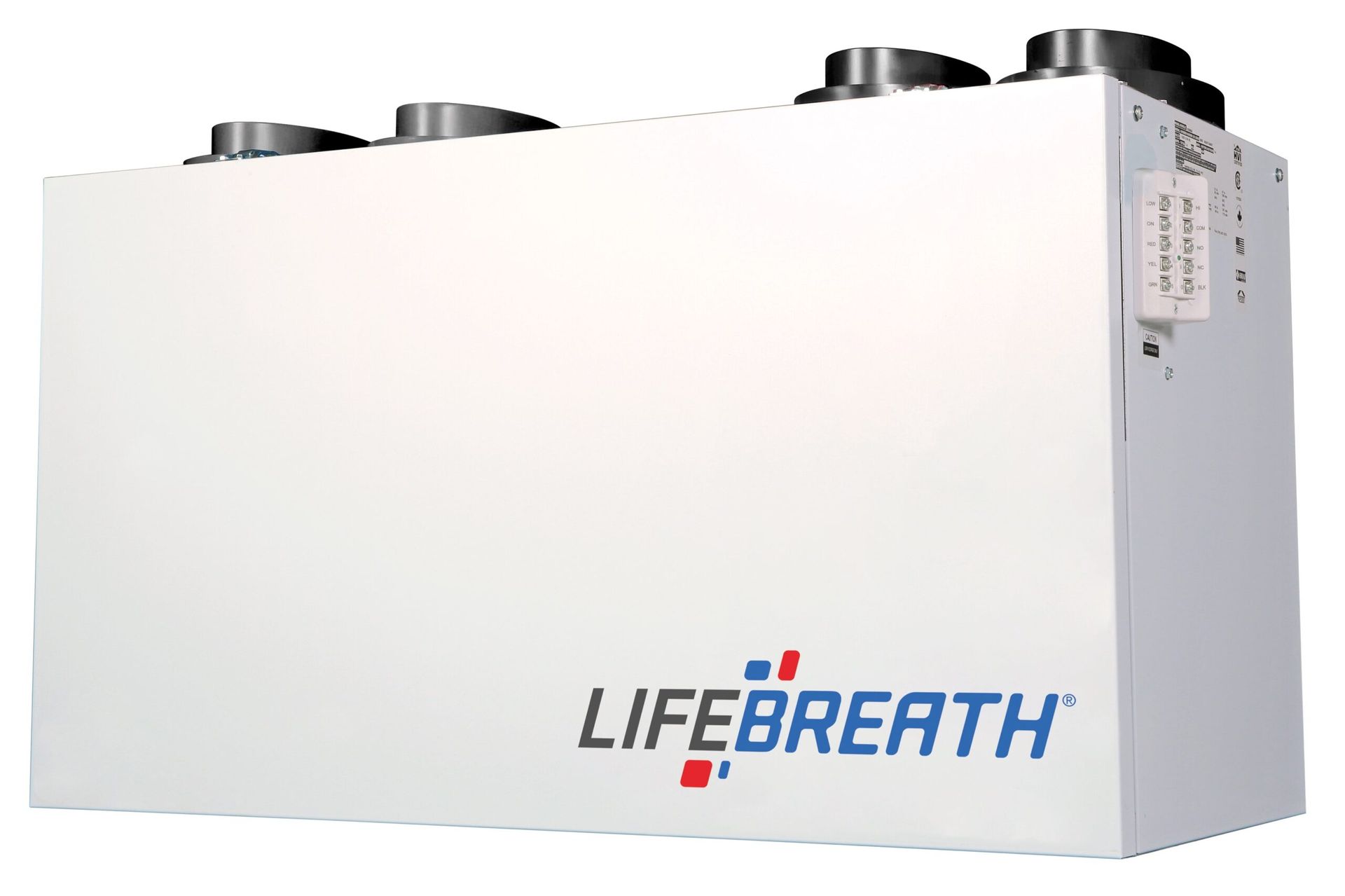 Un appareil de ventilation à récupération de chaleur (VRC) Lifebreath blanc avec quatre ports circulaires sur le dessus, sur fond blanc.