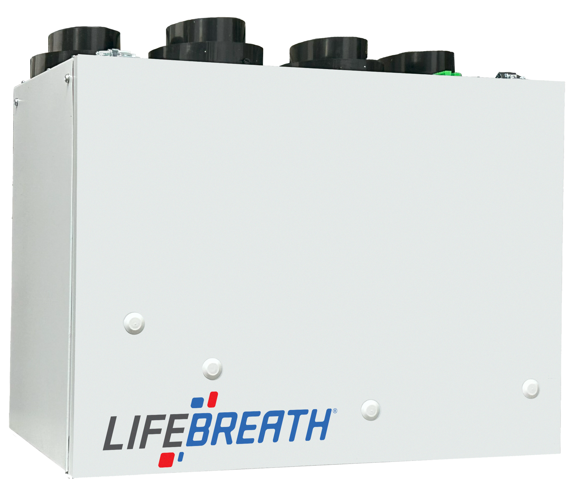 Unité de ventilation HRV/ERV blanche Lifebreath avec quatre orifices circulaires sur le dessus.