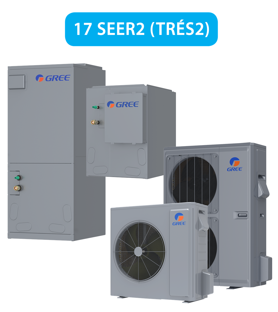 Quatre unités de climatisation grises de marque Gree, comprenant des centrales de traitement d'air et des condenseurs extérieurs, présentées sous une étiquette 17 SEER2.