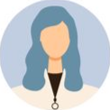 Un avatar numérique représentant une personne aux cheveux bleus ondulés, portant une chemise blanche et un collier noir avec un pendentif circulaire.