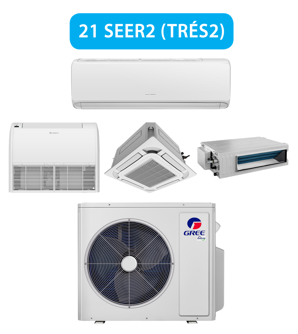 Un système de climatisation Gree 21 SEER2, comprenant une unité extérieure et quatre styles d'unités intérieures différents.