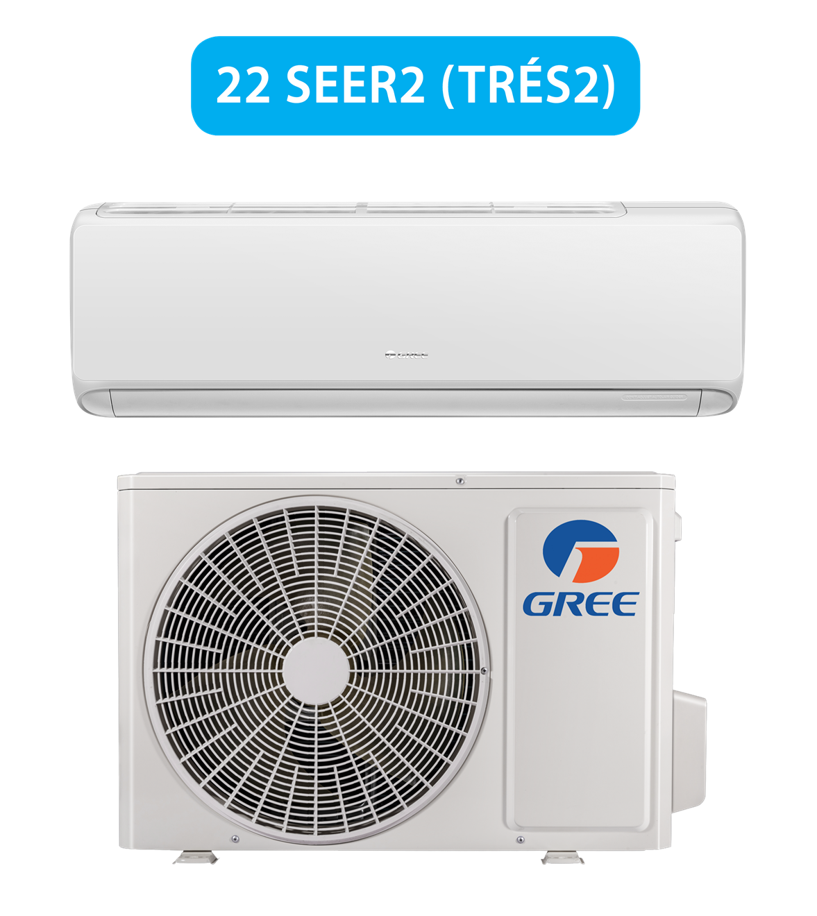 Un climatiseur mini-split Gree blanc avec un condenseur extérieur, étiqueté « 22 SEER2 (TRÉS2) » dans une boîte bleue.