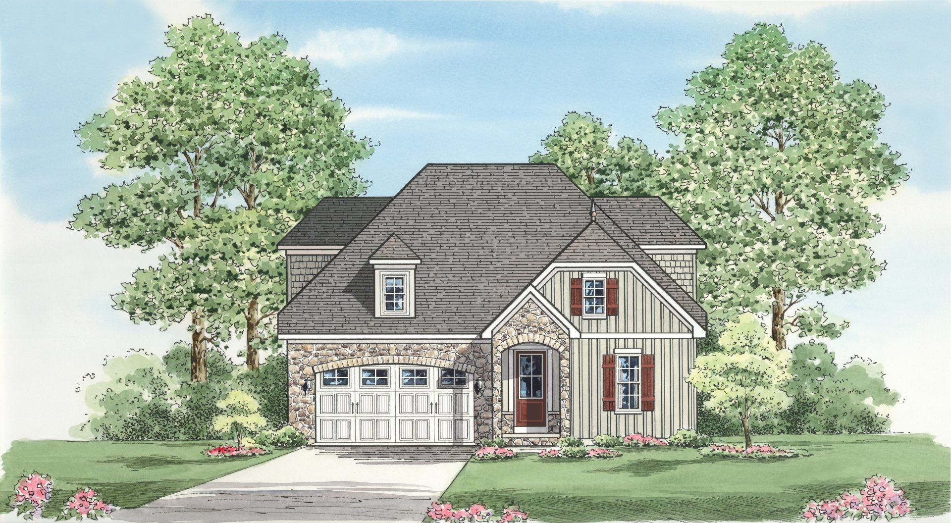 Cottage-style house with stone and wood siding, a two-car garage, and two trees on either side.