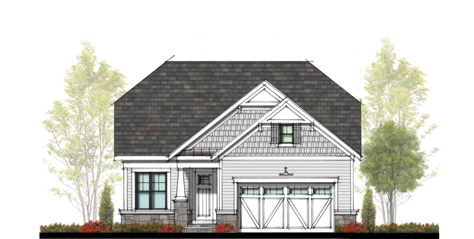 Cottage-style house with gray shingles, white siding, and a garage. Trees on either side.
