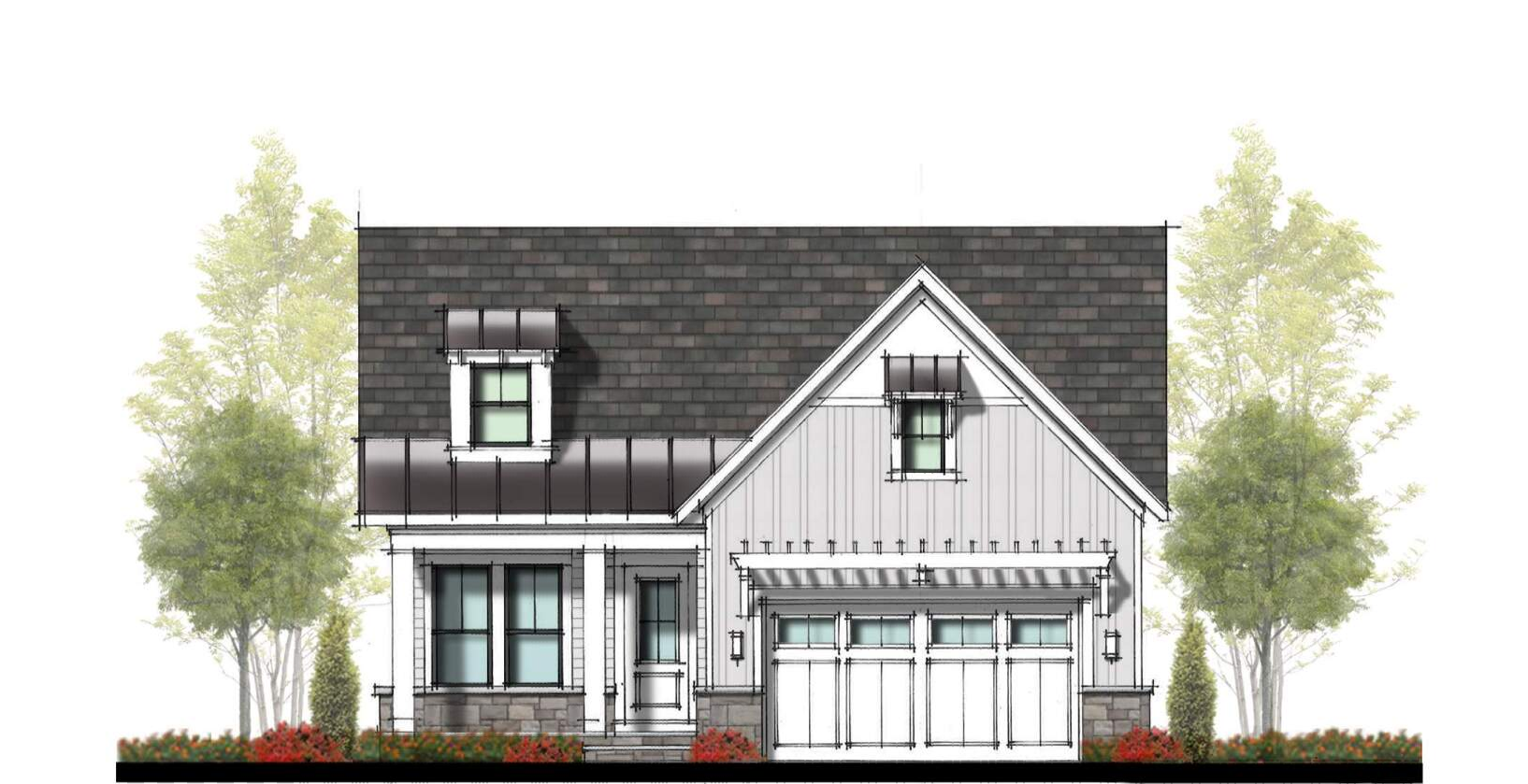 White farmhouse exterior with black roof and garage, two story with landscaping.