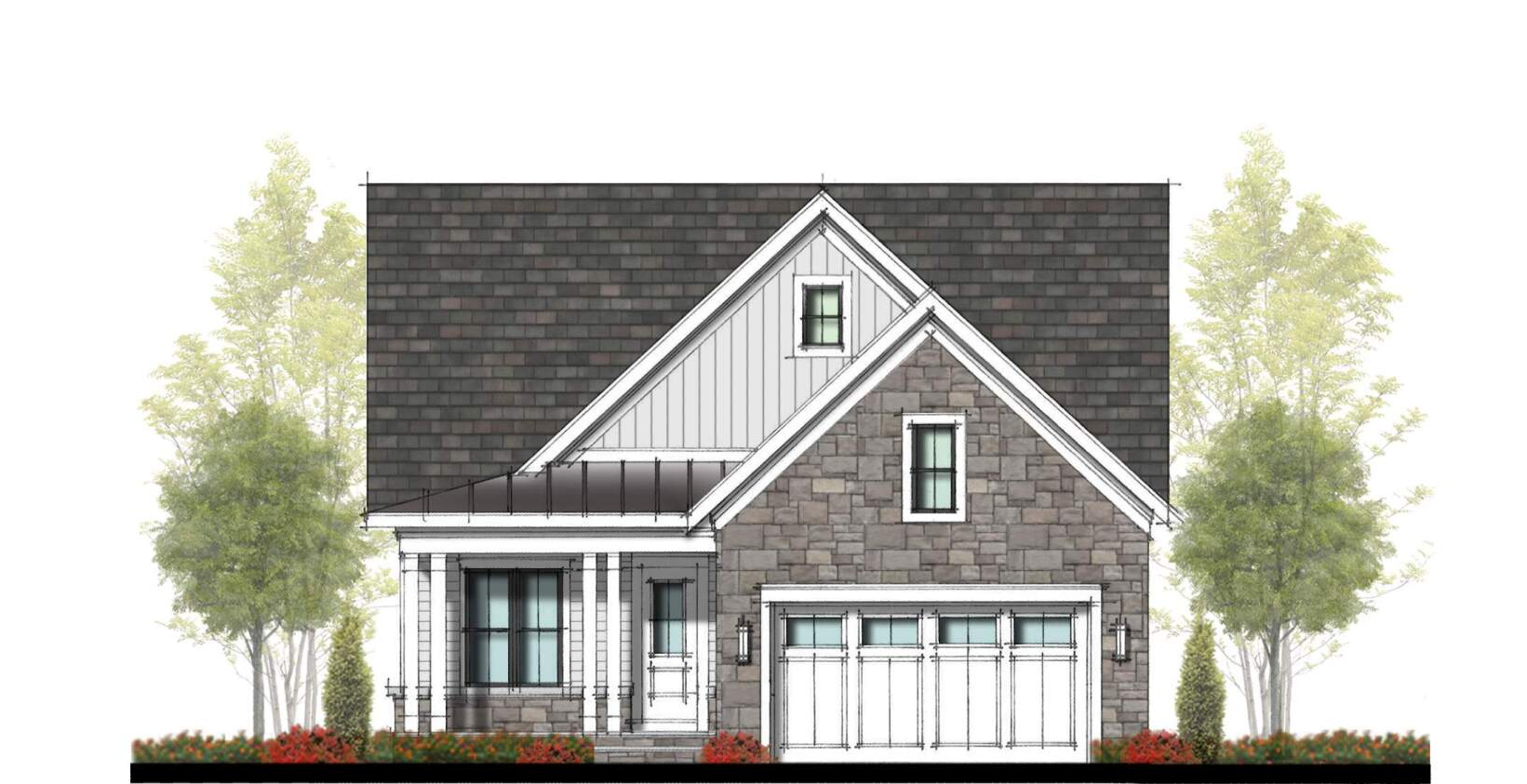 Stone-faced house with gabled roof, white trim, and garage. Trees frame the front.