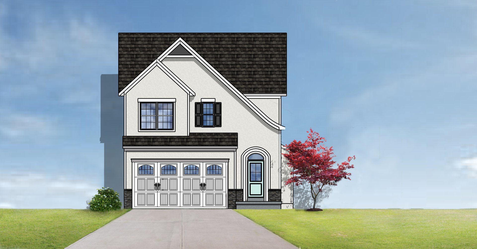 Two-story house with white exterior, dark roof, attached garage, and a red tree on a sunny day.