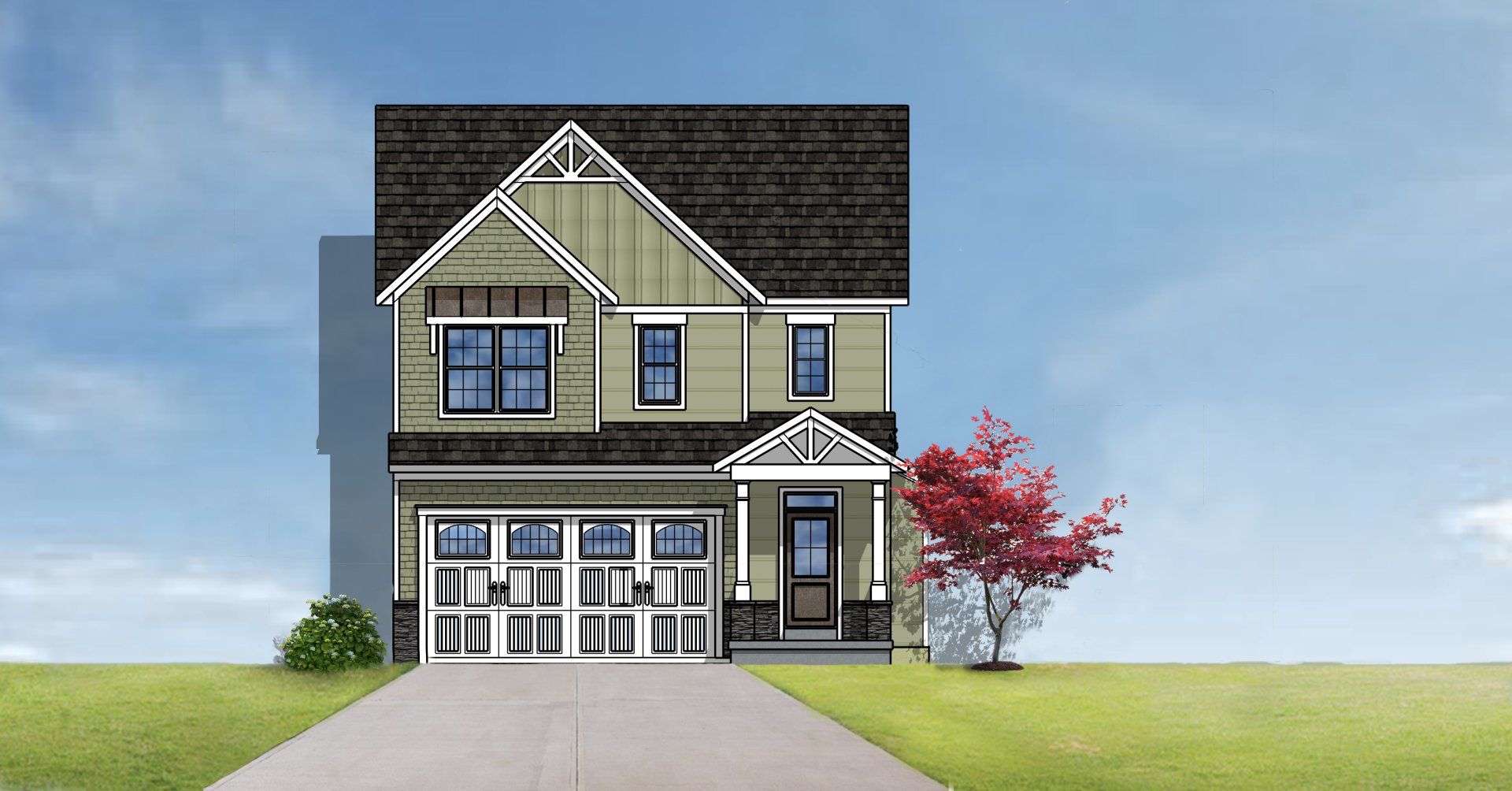 Two-story house with green siding, black trim, and a brown roof. Garage, front door, and red tree in yard.
