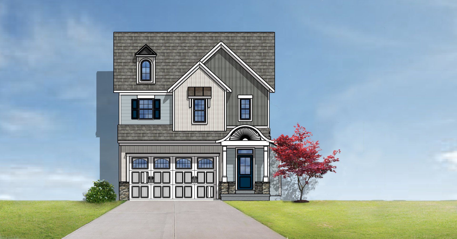Two-story house with gray siding, garage, blue door, and red tree in front.
