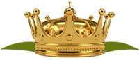 Gouden kroon met een gedetailleerd ontwerp, bovenop groene bladvormen.