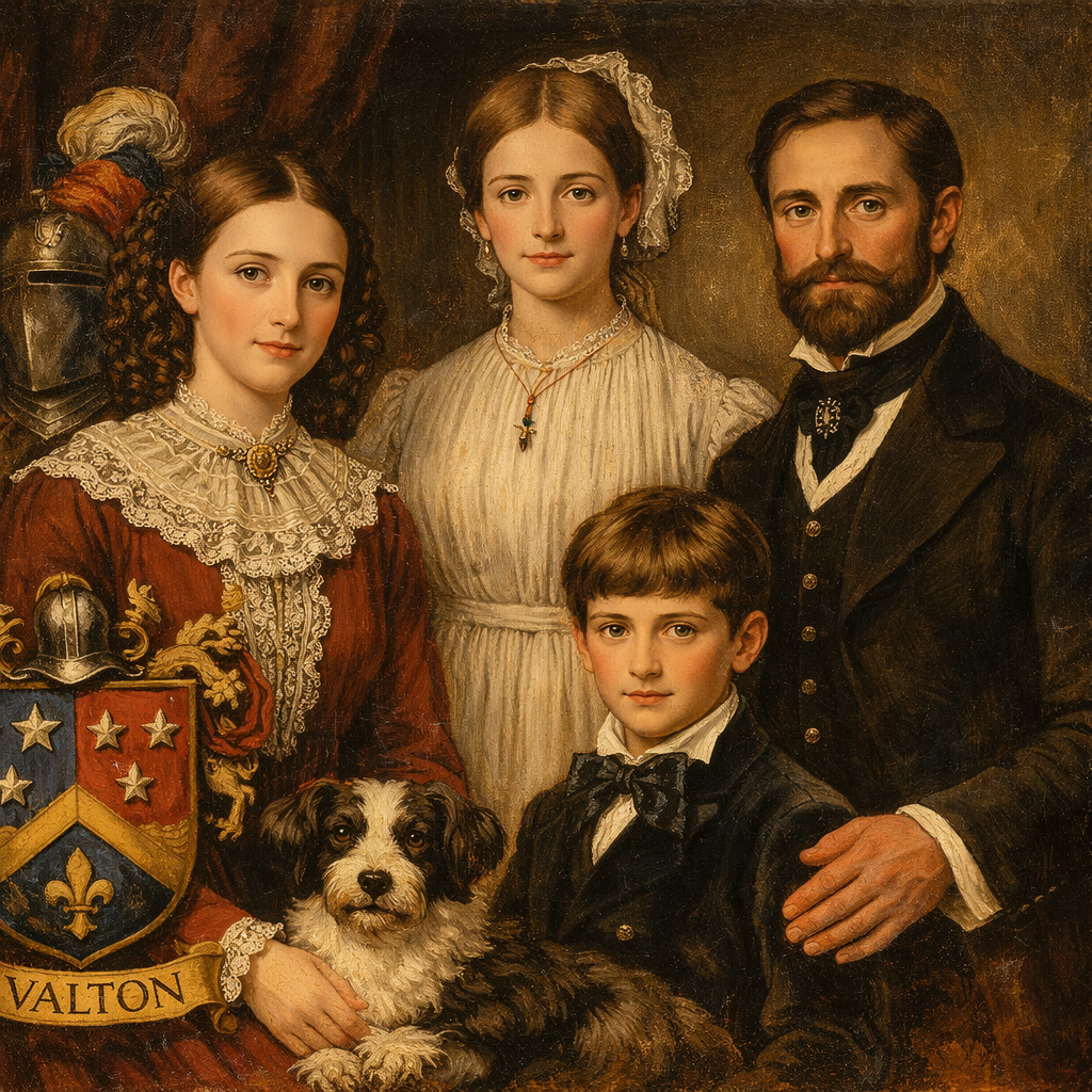Een familieportret met een schild, een hond en een ridderhelm. Ze zijn gekleed in formele kleding en poseren binnenshuis.