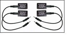 Black audio adapter cables with rectangular inline connectors, shown as matching pairs on a white background