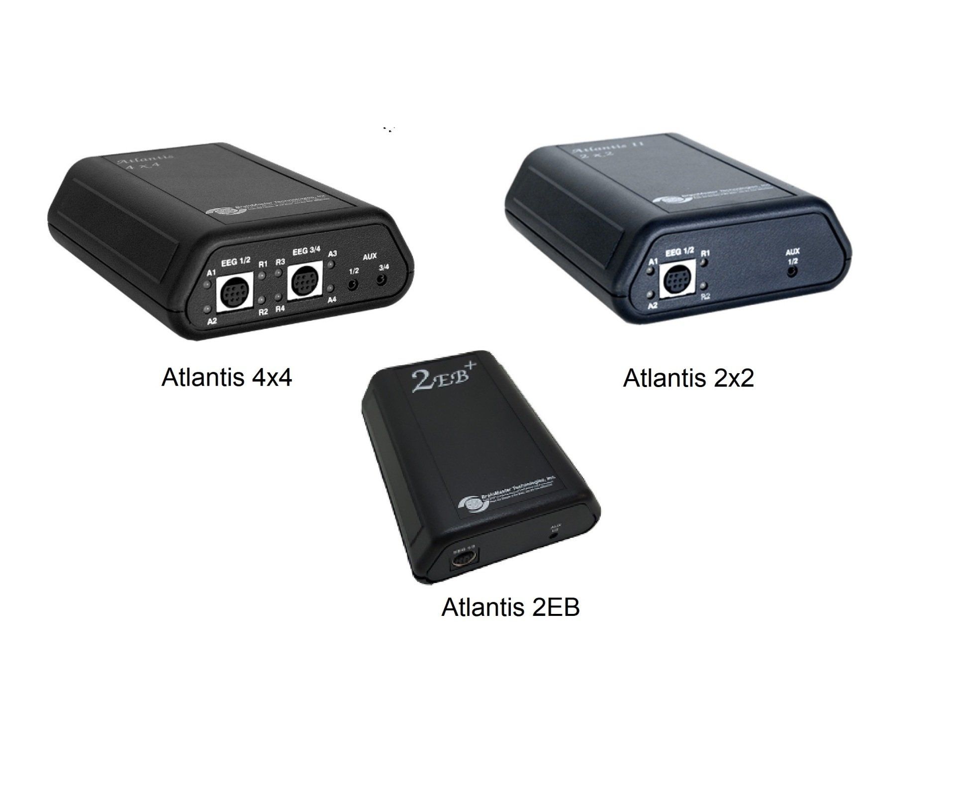 Three black Atlantis audio devices shown at angles, labeled 4x4, 2x2, and 2BE on white background