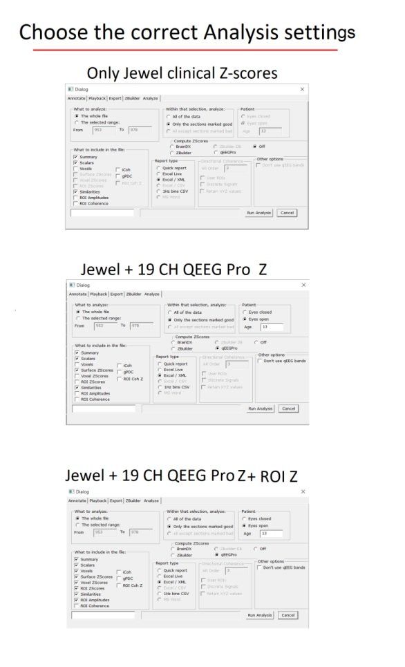 Instruction slide comparing three “Analysis settings” options with small software dialog screenshots and labels.