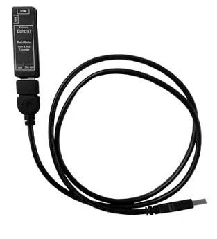 Black USB in-line adapter with a coiled cable on a white background