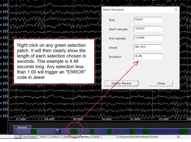 Annotated software screenshot showing a dialog and red arrow pointing to a highlighted green selection on a timeline.