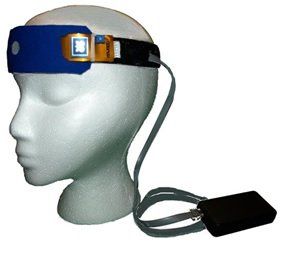Head-mounted brain sensor with blue strap and attached black control unit