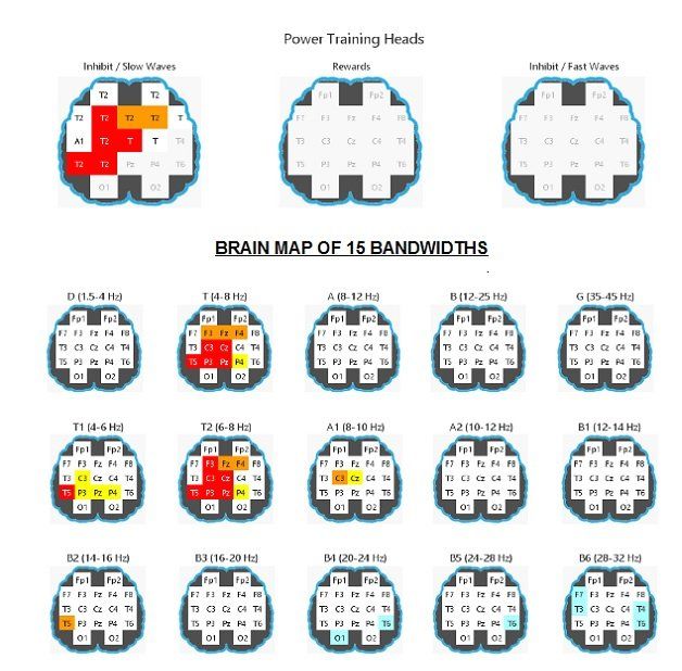 Brain map titled “Power Training Heads,” showing several scalp diagrams with colored regions for 15 bandwidths.