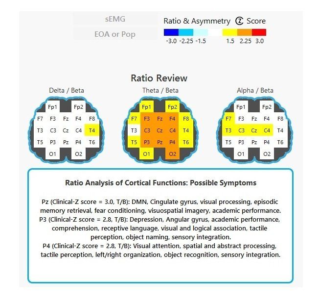 Brain ratio review chart with colored heatmap scores and symptom categories.
