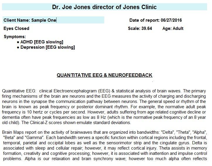 Clinic report page titled “QUANTITATIVE EEG & NEUROFEEDBACK” with client details and EEG findings.