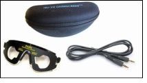 Black sunglasses, black hard case, and a black charging cable on a white background