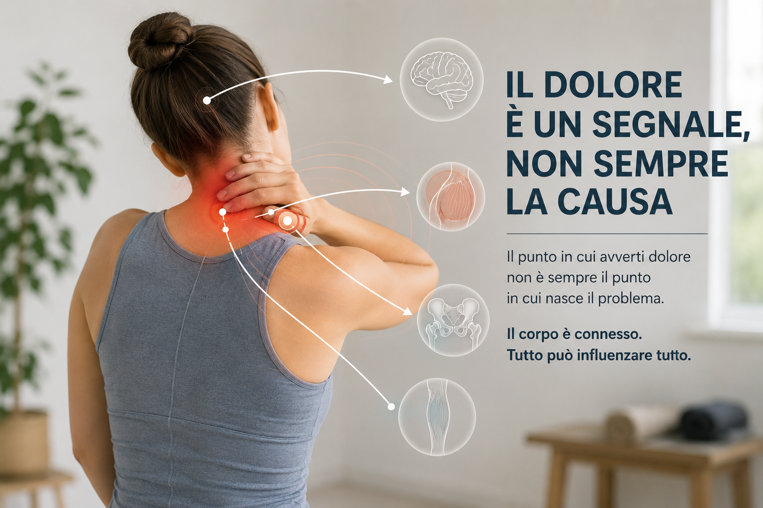 Donna con dolore cervicale che mostra come il sintomo possa essere collegato ad altre aree del corpo