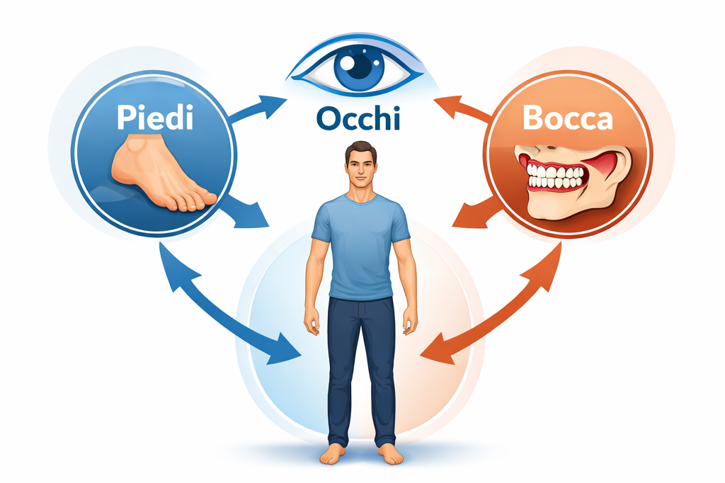 Schema della postura come sistema integrato: piedi, occhi e mandibola collaborano per l’equilibrio d