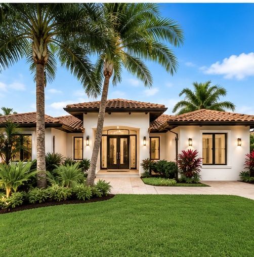 Suburban corner townhouses with red-tile roofs, palm trees, parked cars, and a blue sky