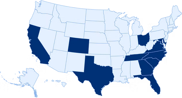 A map of the United States with specific states highlighted in dark blue against a light blue background.