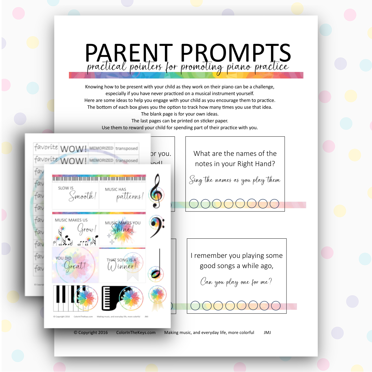 Color in the Keys Parent Prompts for piano practice plus stickers