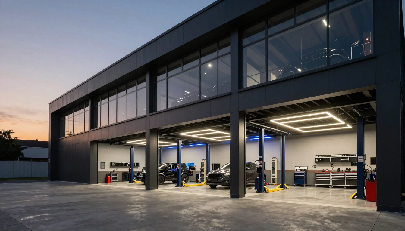 A modern independent automotive repair facility at dusk