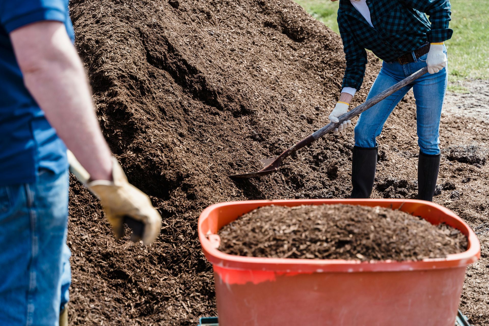 Two people shoveling mulch into a red tub outdoors.