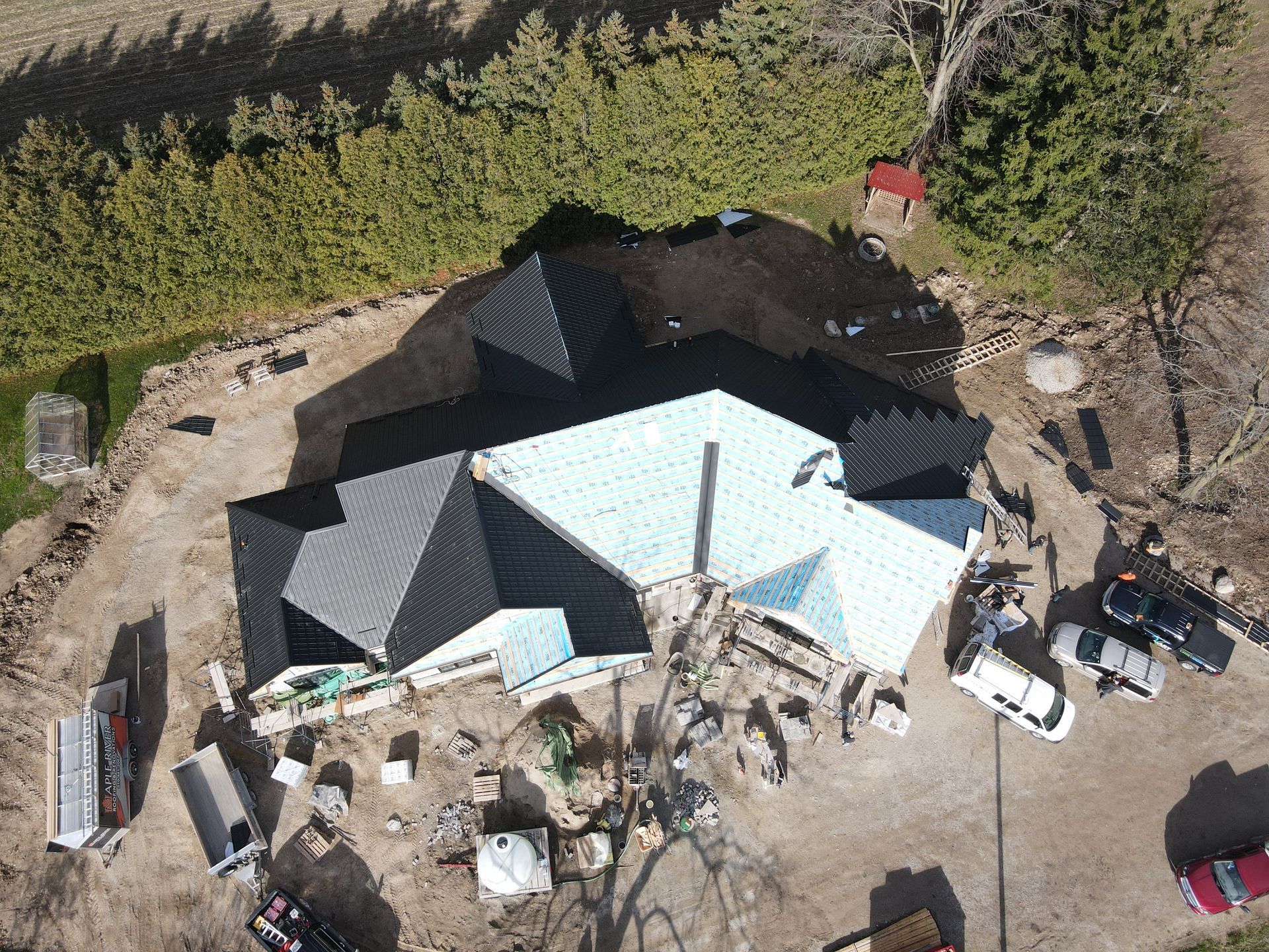 An aerial view of a house that is being built