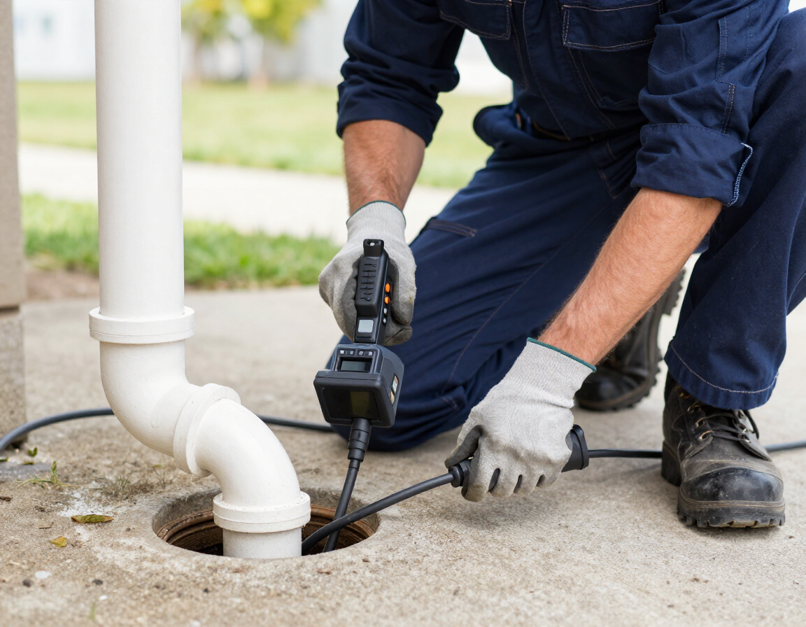 Plumber inspecting a sewer line with a drain camera