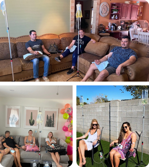 A collage of four pictures of people sitting on couch and chairs