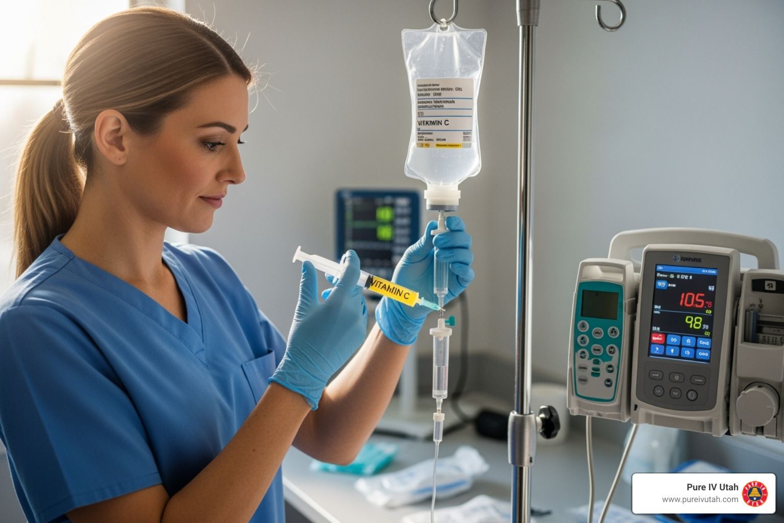 Nurse preparing IV drip in hospital room.
