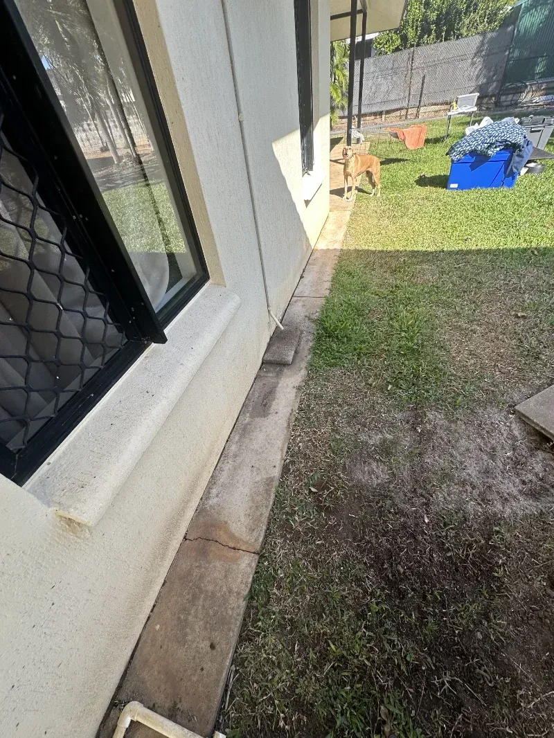 Stucco House Exterior Wall Runs Alongside a Narrow Concrete Path — I Do It All in Nambour, QLD