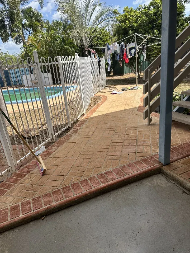 Backyard With a Herringbone-patterned Paved Path — I Do It All in Montville, QLD
