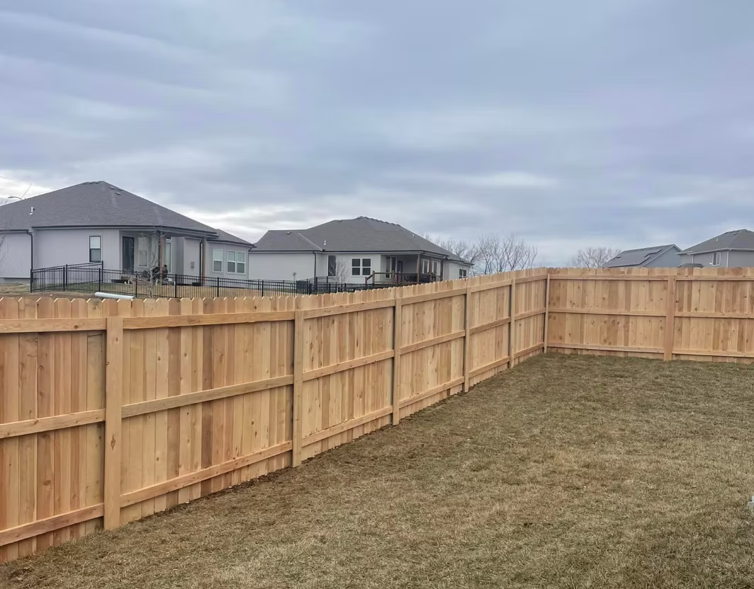 New wooden privacy fence around a brown lawn with neighboring houses under a cloudy sky