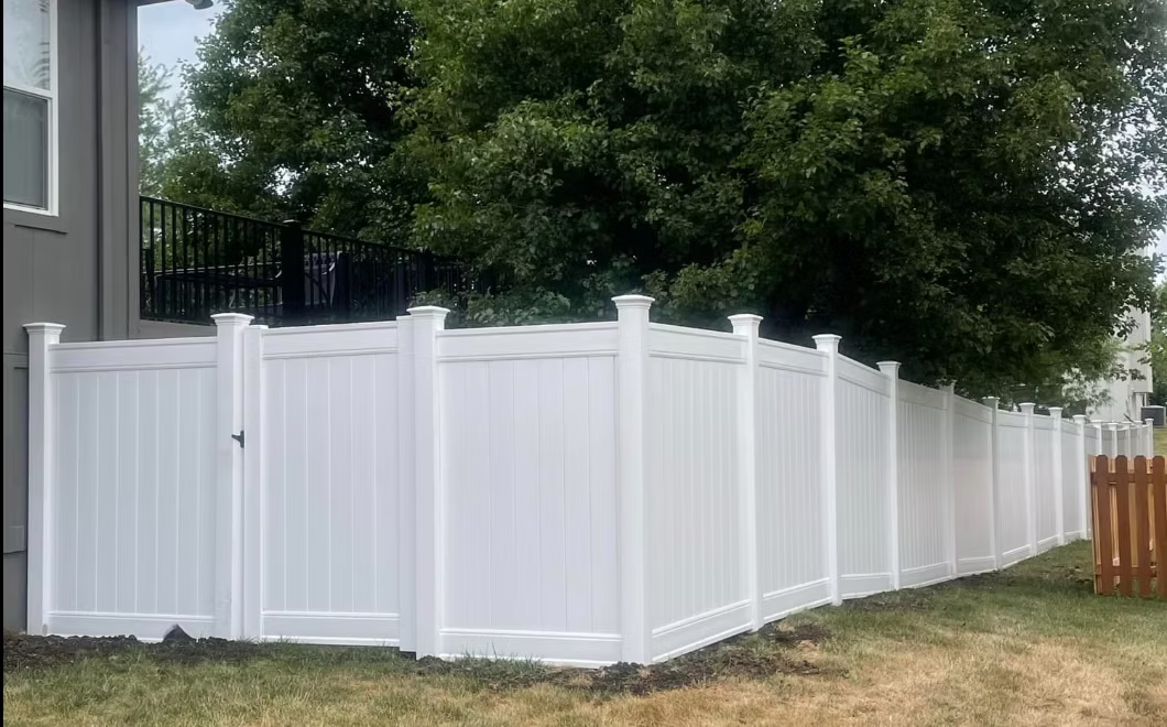 White vinyl privacy fence along a grassy yard beside a house, with trees overhead.