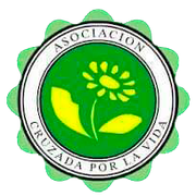 Logo circular verde y blanco de Asociación Cruzada por la Vida con planta y manos estilizadas.