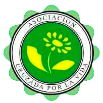 Logo circular verde y blanco de Asociación Cruzada por la Vida con planta y manos estilizadas.
