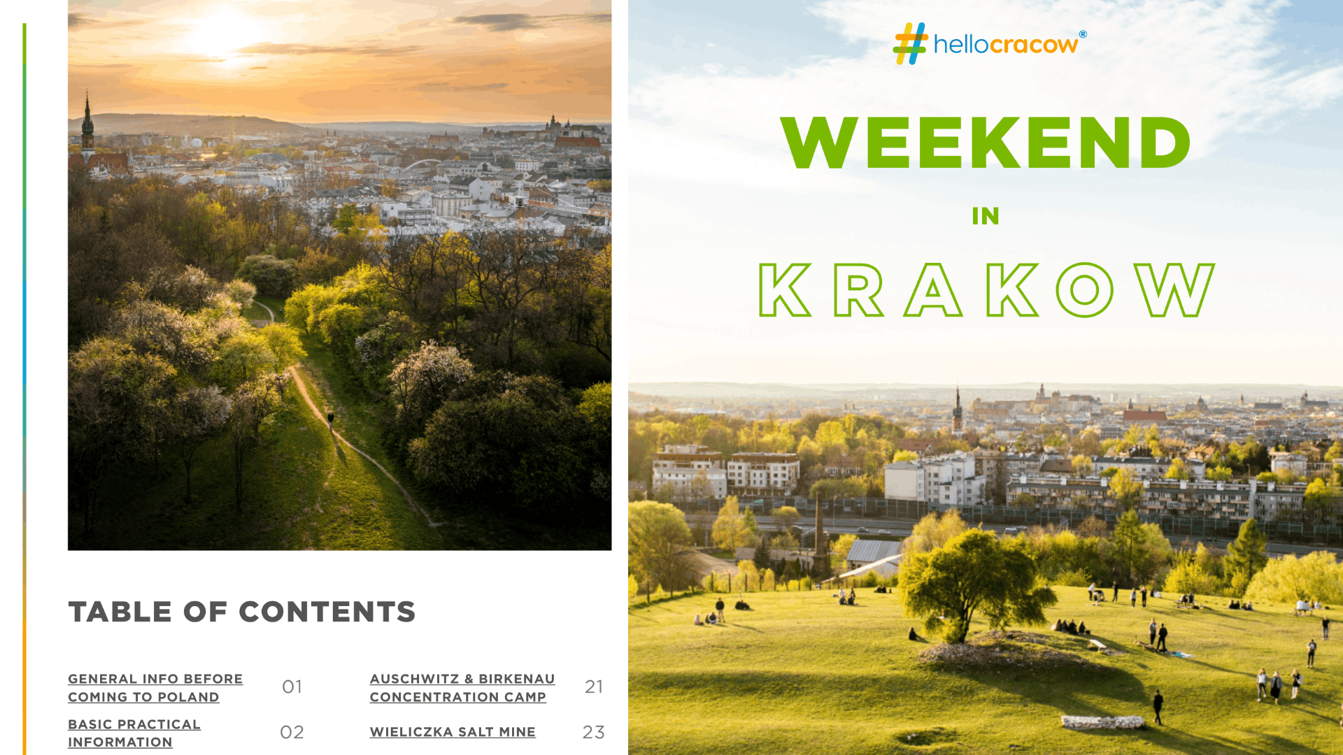 Hello Cracow guidebook cover with Krakow itinerary pages and city views.