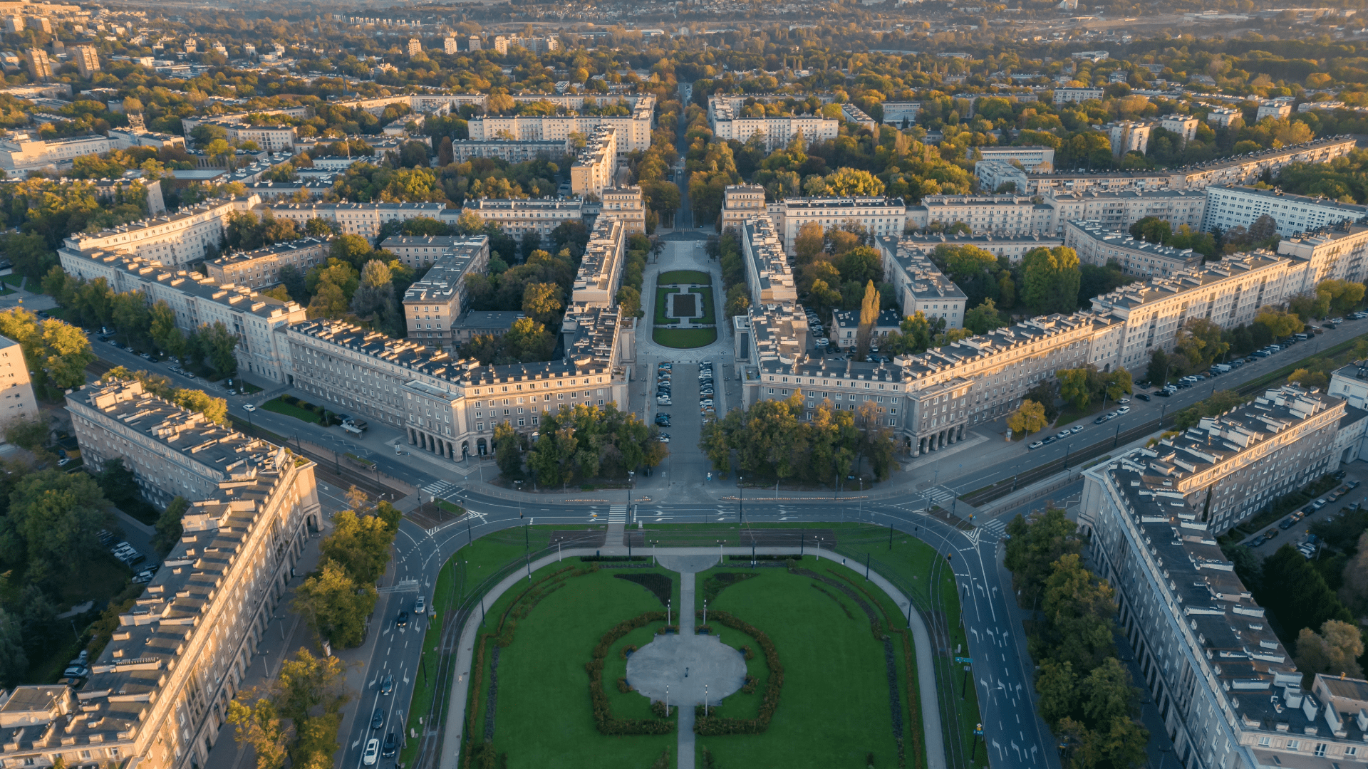 Aerial view of a formal European garden with paths and greenery