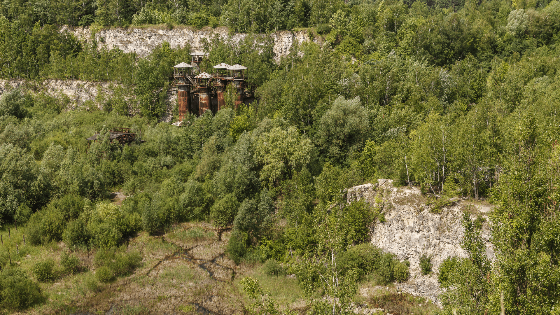 Ruins of stone structures covered in grass at Kraków’s Plaszów camp