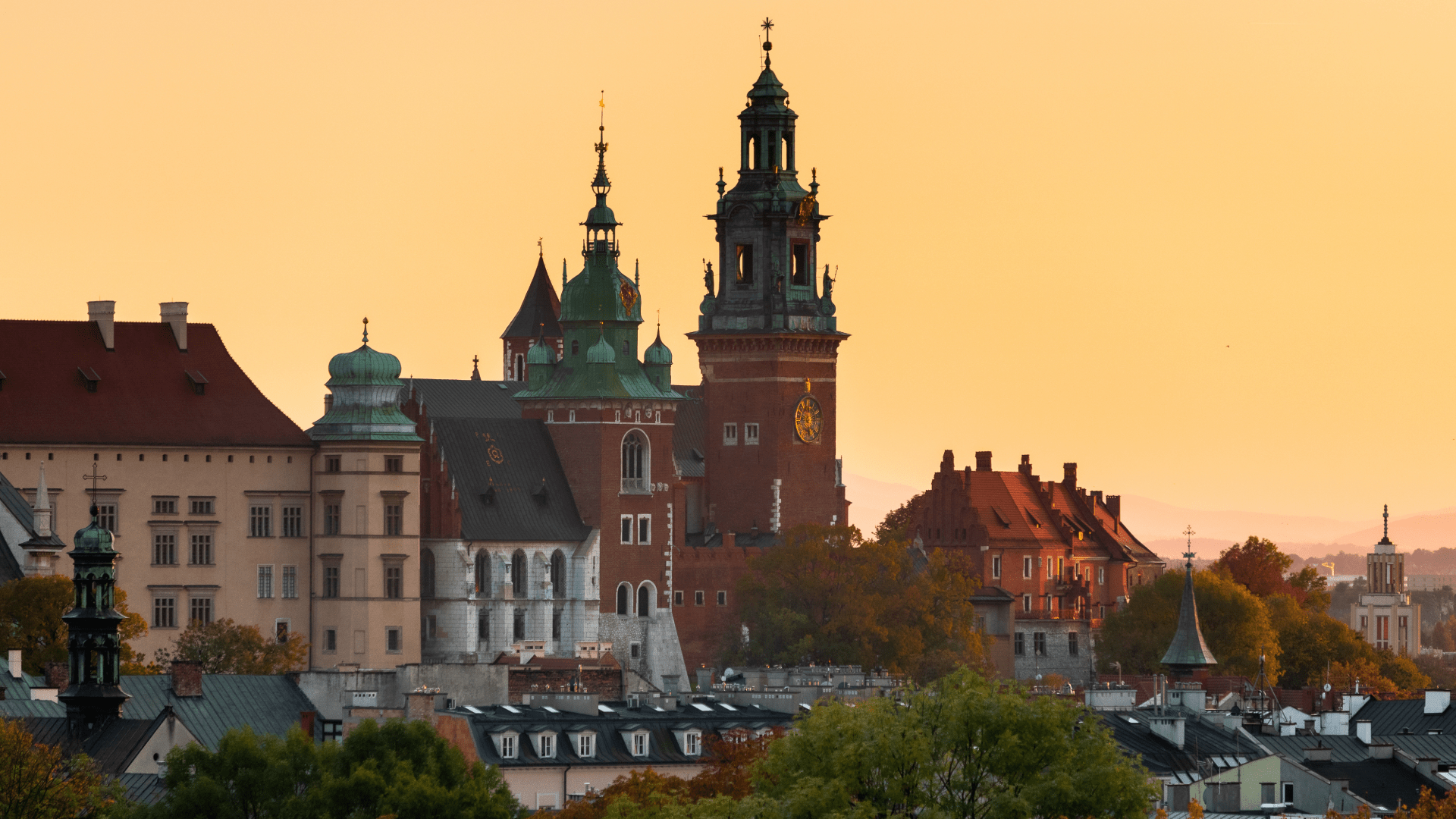 Historic Krakow building with manicured flower beds in front, shown in bright summer light.